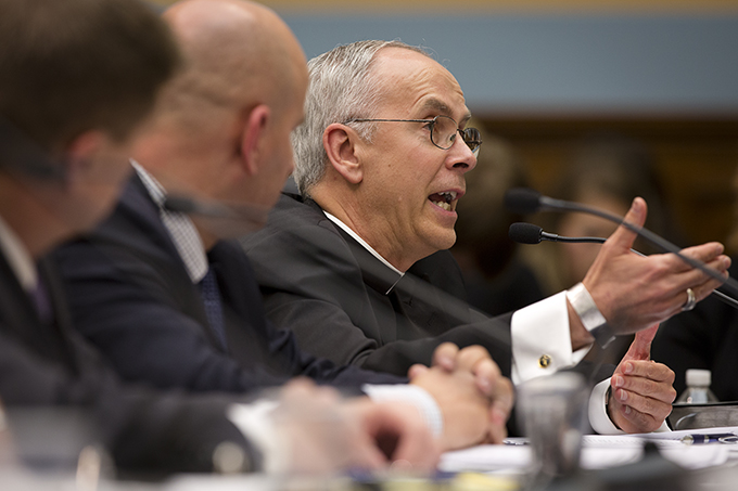 Bishop Mark J. Seitz of El Paso, Texas, addresses the House Judiciary Committee in Washington June 25 at a hearing about the unprecedented rate of unaccompanied and undocumented minors entering the U.S. from Honduras, El Salvador and Guatemala. Bishop Seitz testified that Congress should see it as a humanitarian crisis and urged immigration policies that ensure children receive appropriate welfare and legal services. (CNS photo/Tyler Orsburn) 