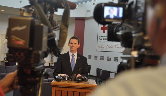 Dallas County Judge Clay Jenkins addresses the media after a meeting on July 1 with local non-profits and government officials on how the county can respond to the influx of undocumented minors at the Texas border. (JENNA TETER/The Texas Catholic)