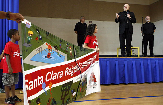 Bishop Kevin J. Farrell speaks during the grand opening of the Santa Clara Regional Community Center on June 14 at Santa Clara of Assisi Catholic Church. (BEN TORRES/Special Contributor)
