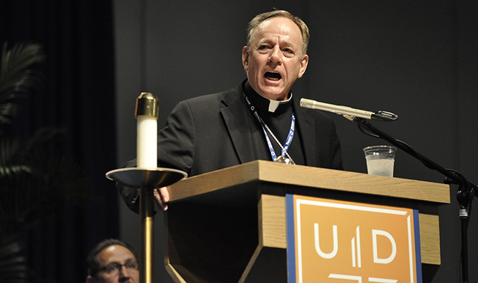 Vancouver Archbishop J. Michael Miller presented the keynote speech Oct. 24 at the University of Dallas Ministry Conference in Irving. (JENNA TETER/The Texas Catholic)