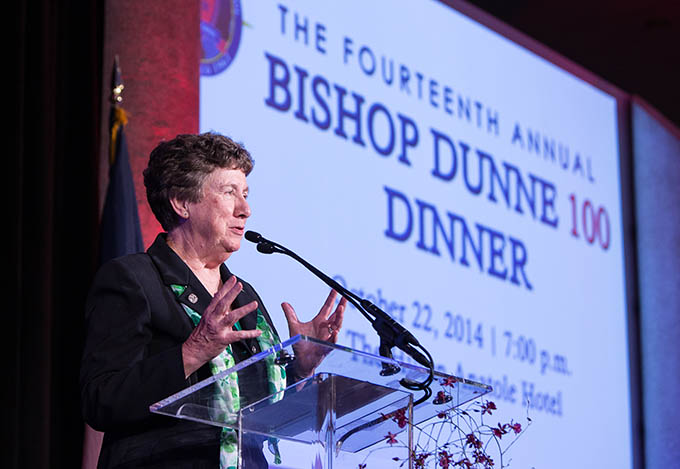 Sister Mary Anne Owens, SSND, provincial leader of the Central Pacific Province, accepts the Voyager Award on behalf of the School Sisters of Notre Dame during the Bishop Dunne 100 Dinner on Oct. 22 at the Hilton Anatole Dallas. (DON JOHNSON/Special Contributor)
