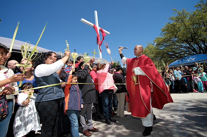 Father Jesus Belmontes blesses palms before a Palm Sunday Mass at San Juan Diego Catholic Church in Dallas on March 20. (KEVIN BARTRAM/Special Contributor)