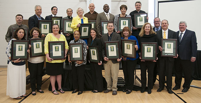 Recipients of The Catholic Foundation grants with their plaques during the May 3 ceremony at Notre Dame School of Dallas. (JENNA TETER/The Texas Catholic)