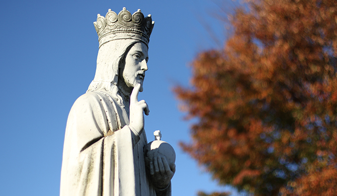 A statue depicting the kingship of Jesus is seen at Christ the King Church in Commack, N.Y., Nov. 8. The feast of Christ the King, celebrated the Sunday prior to the beginning of Advent, is observed Nov. 22 this year. (CNS photo/Gregory A. Shemitz)