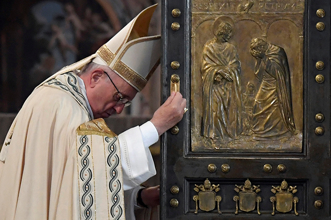 Pope Francis closes the Holy Door of St. Peter's Basilica to mark the closing of the jubilee Year of Mercy at the Vatican Nov. 20. (CNS photo/Tiziana Fabi, pool via Reuters)