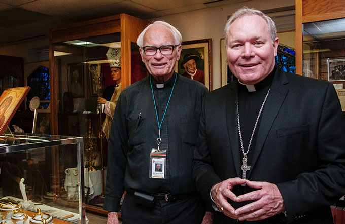 For Father Timothy Gollob, left, Bishop Edward J. Burns, right, will be his sixth Diocese of Dallas bishop. As a young Catholic school student in Tyler, Father Gollob said Bishop Joseph Patrick Lynch was the first to set him on his path to priesthood. (JENNA TETER/The Texas Catholic)